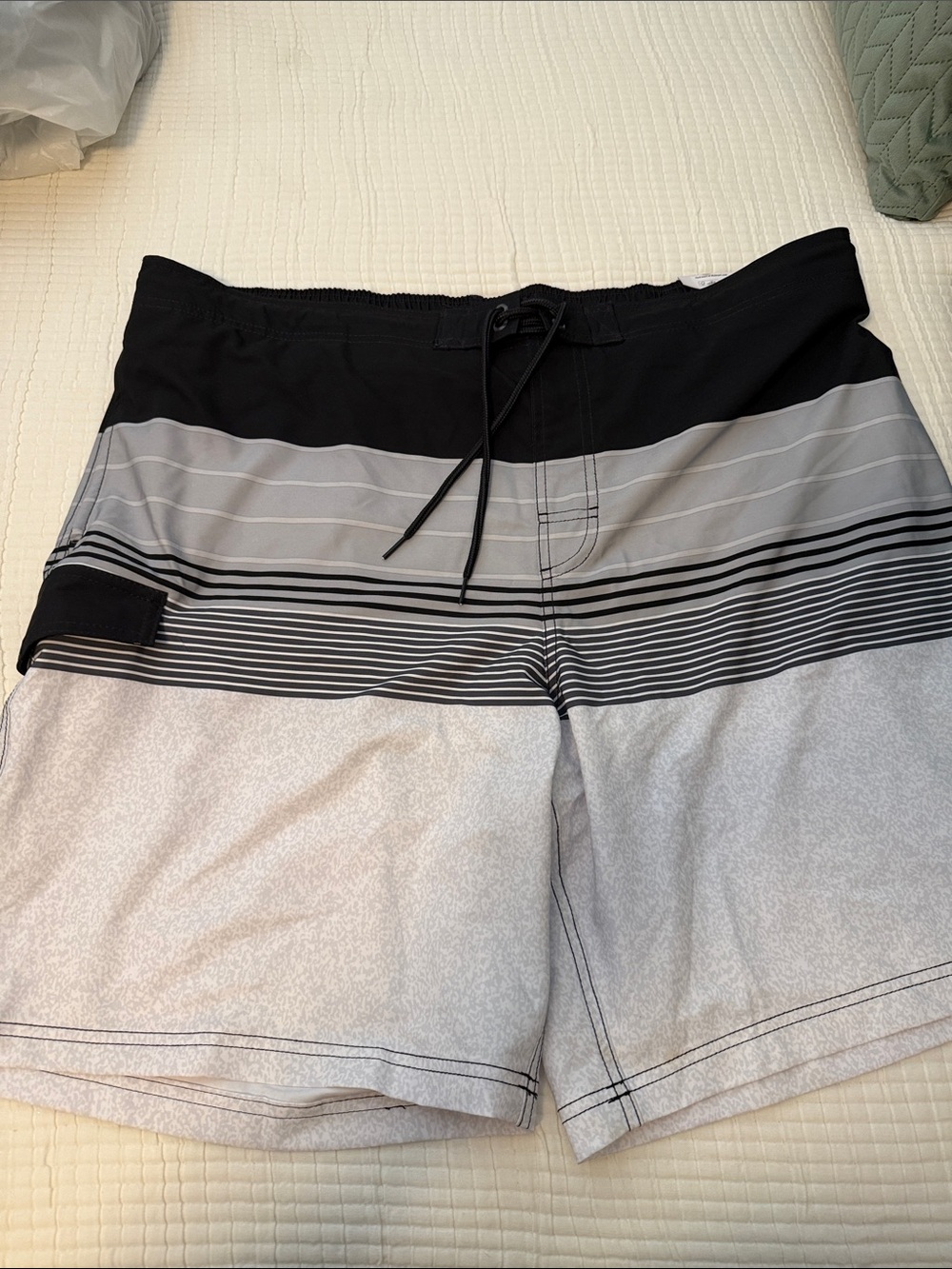 Men's Black and Light Gray Striped Swim Trunks